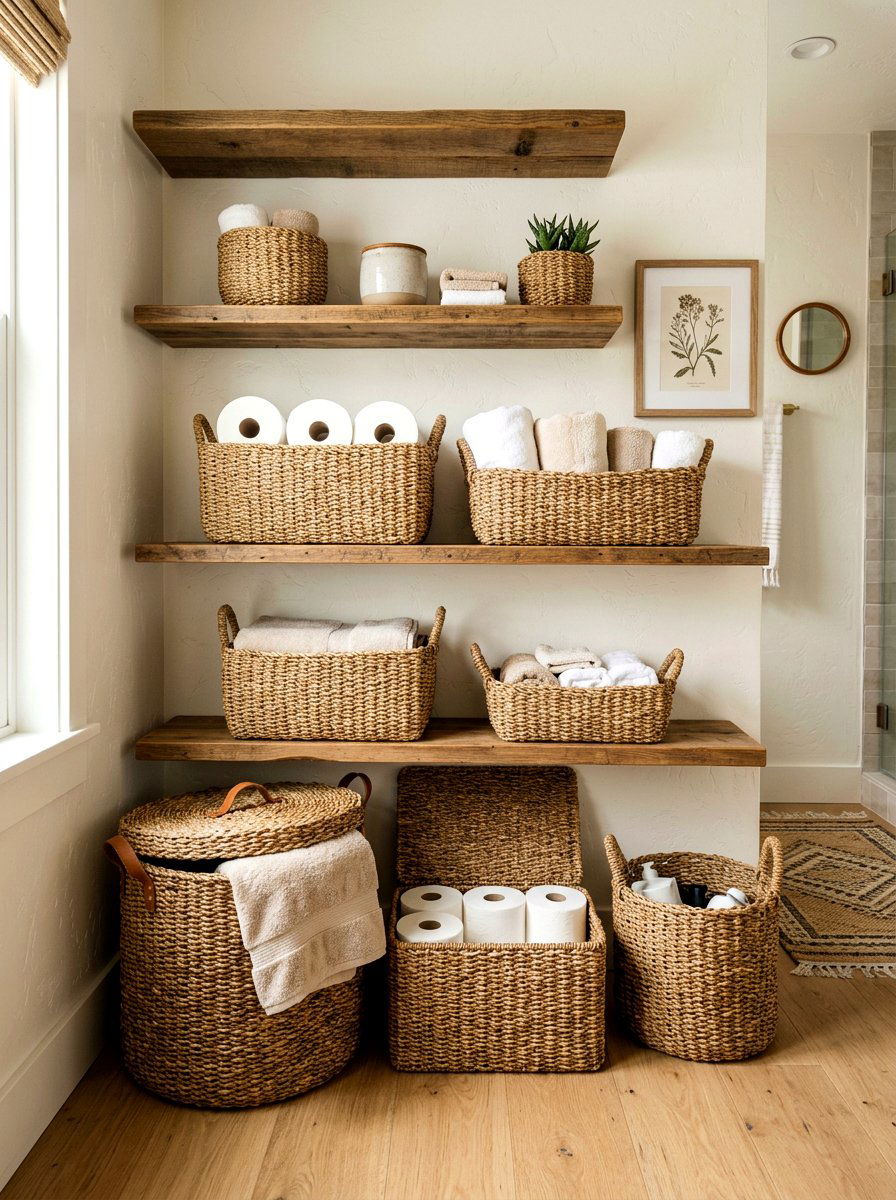 Woven Baskets Bathroom Storage - 30 small rental bathroom ideas