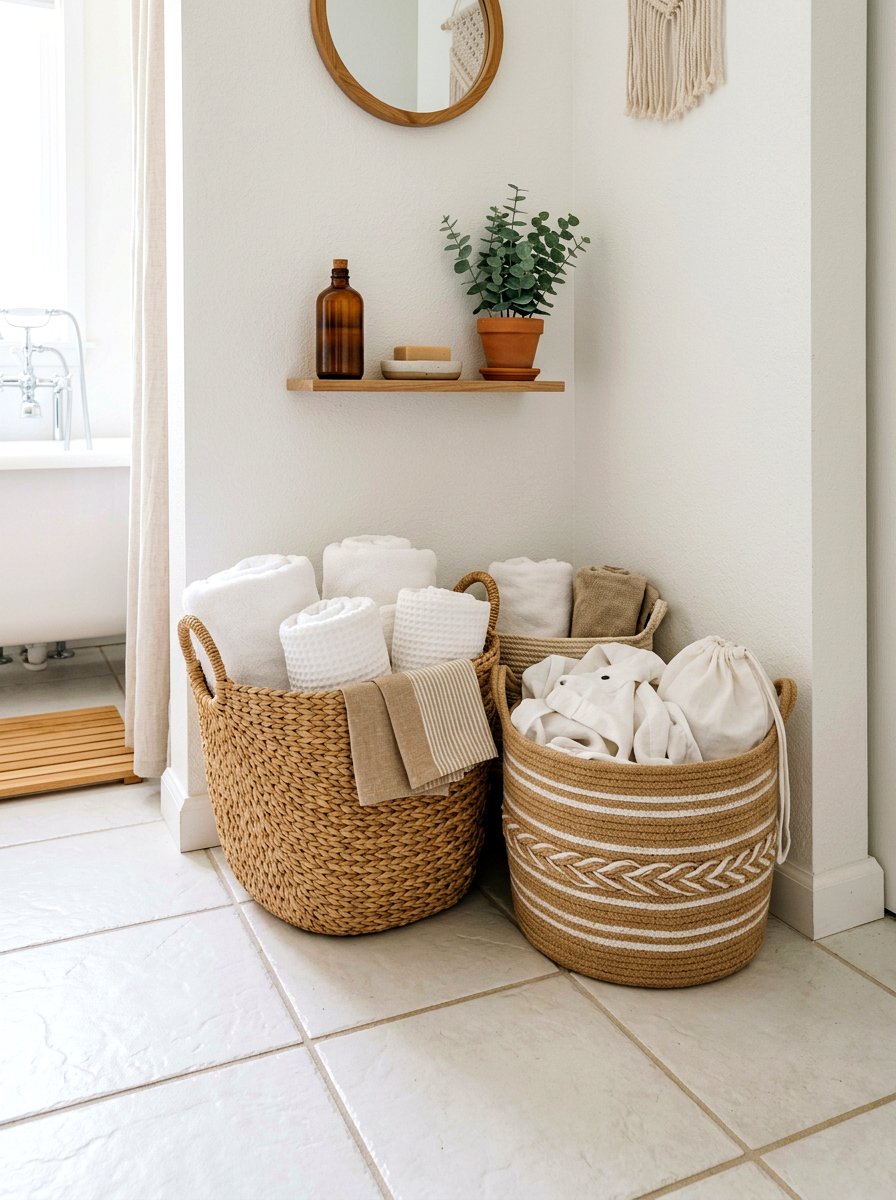 Woven Floor Baskets - 30 tiny bathroom storage ideas