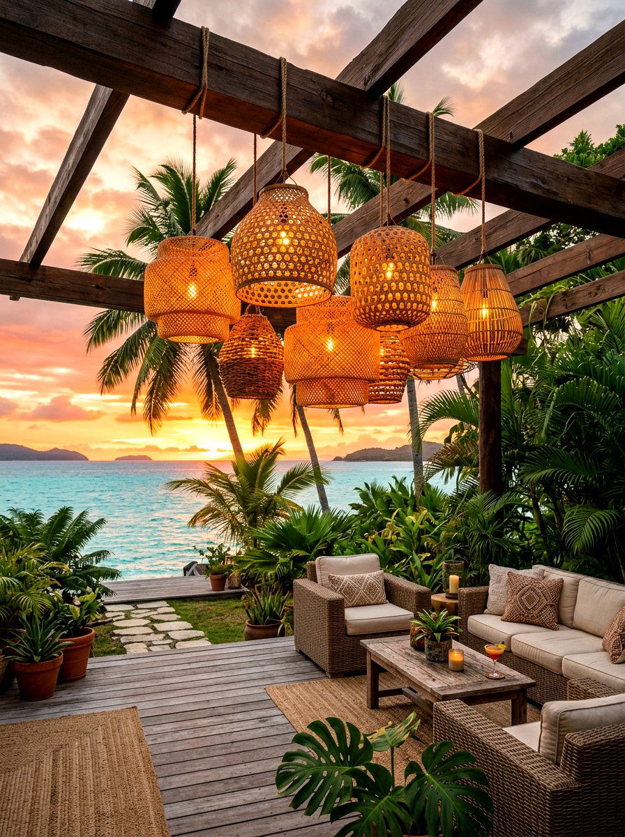 Woven Lantern Cluster - 30 lantern cluster patio ideas