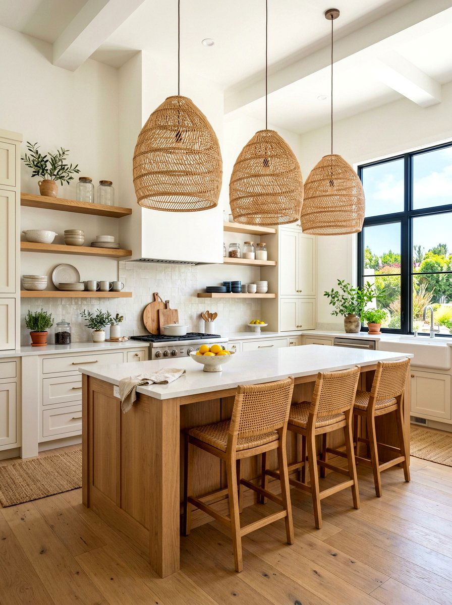 Woven Pendant Kitchen Lights - 30 organic modern kitchen ideas