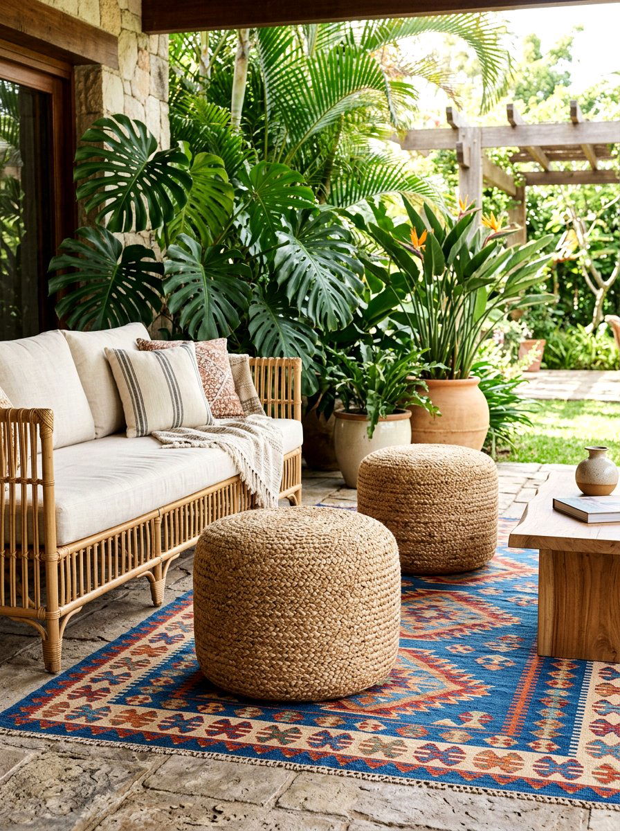 Woven Pouf Ottoman - 30 bohemian patio decor ideas