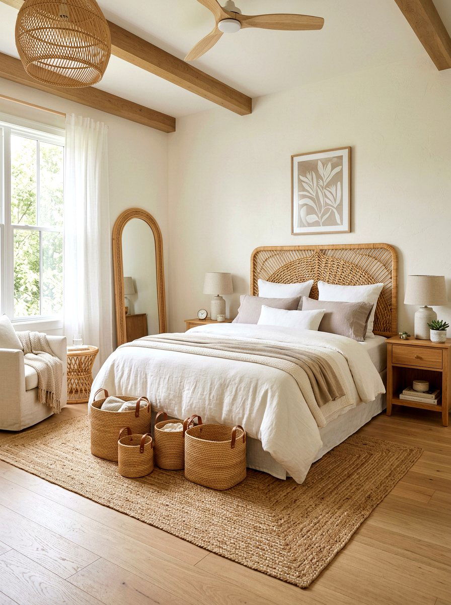Woven Rattan Accents - 30 Japandi bedroom ideas