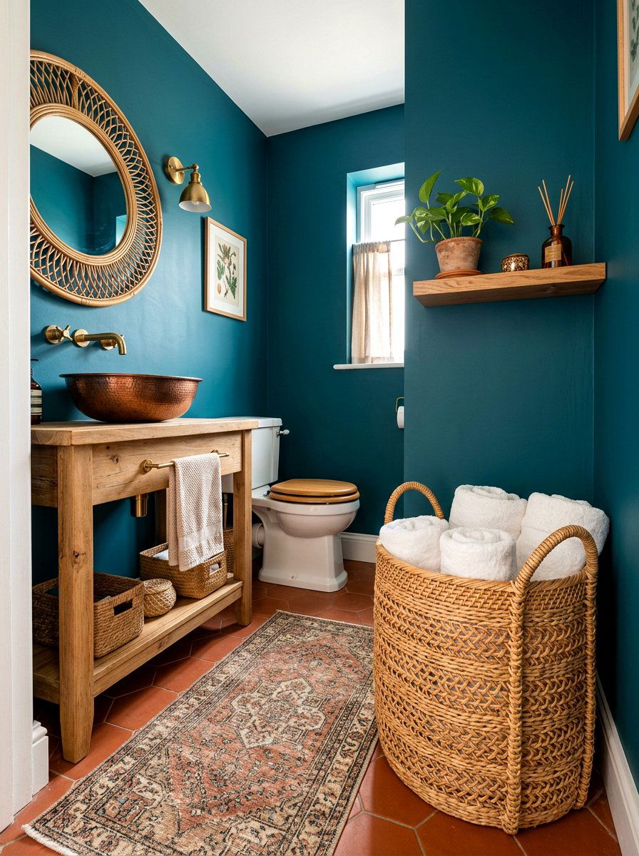 Woven Rattan Basket - 30 deep teal powder room ideas