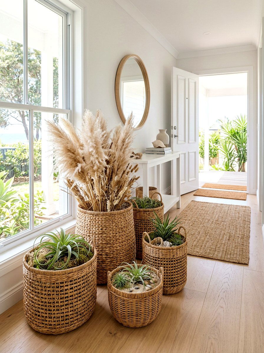 Woven Rattan Basket Planter - 30 wall planter entryway ideas