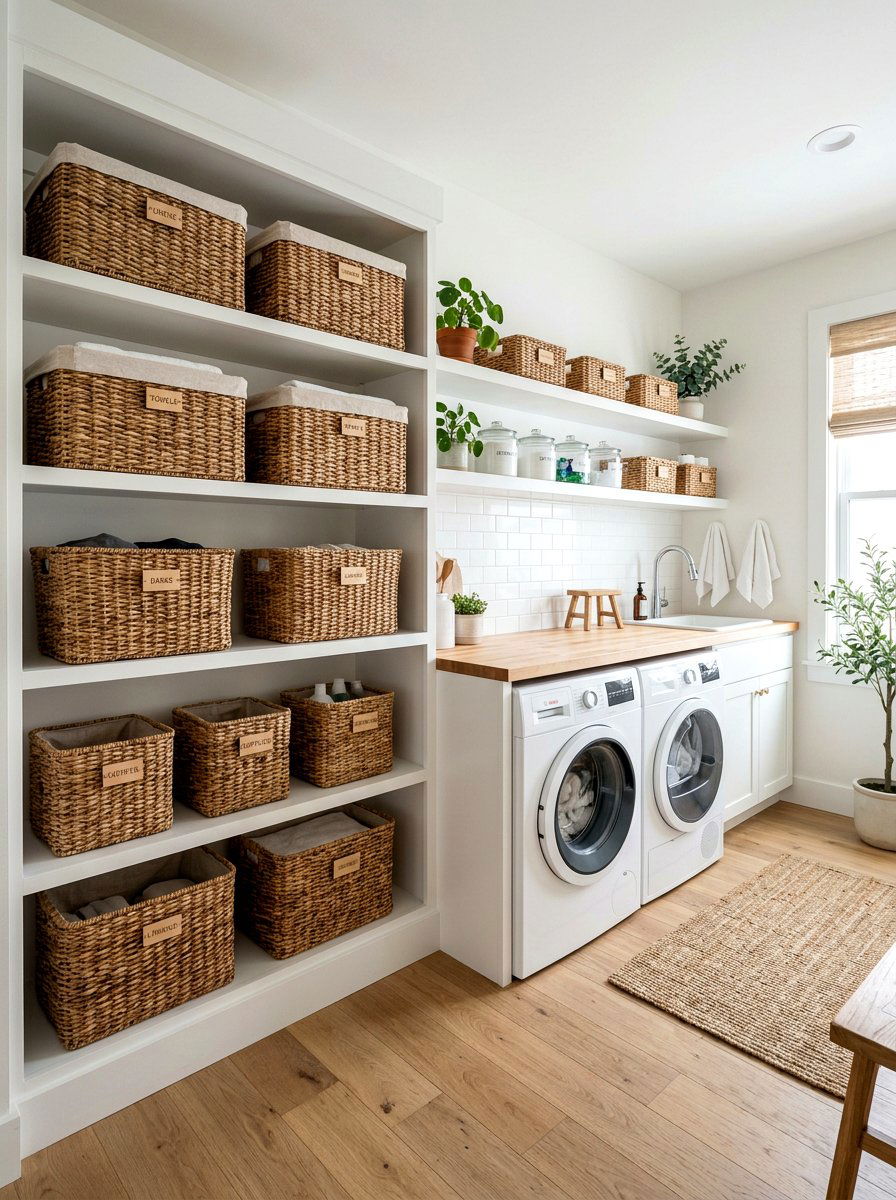 Woven Rattan Basket Storage - 30 modern farmhouse decor ideas
