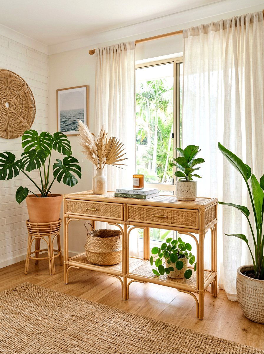 Woven Rattan Console - 30 slim console apartment ideas