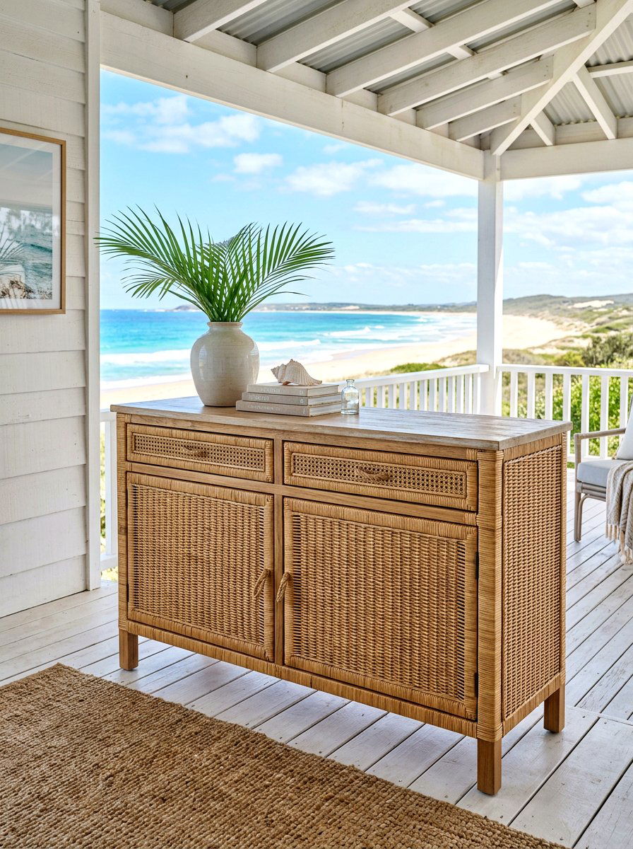 Woven Rattan Console - 30 outdoor buffet table ideas
