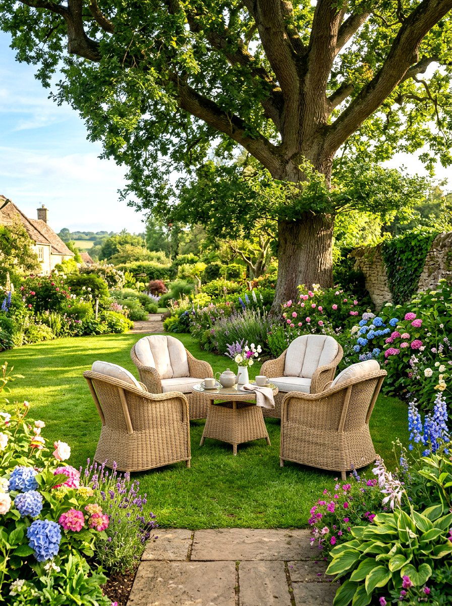Woven Rattan Garden Nook - 30 Nancy Meyers outdoor dining ideas