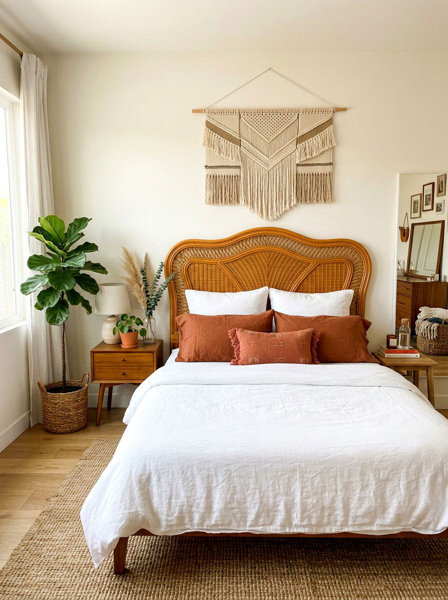 Woven Rattan Headboard - 30 spring bedroom glow up ideas