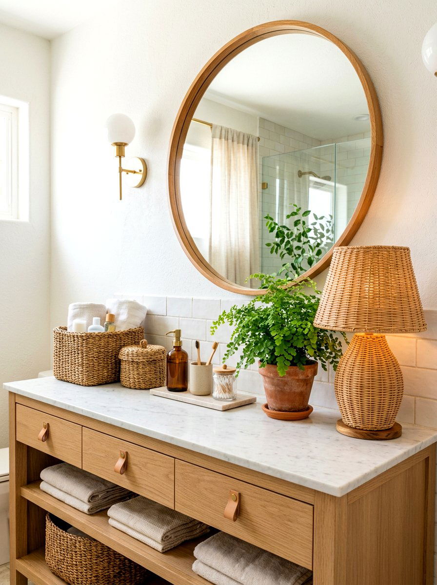 Woven Rattan Lamp - 30 mini lamp bathroom counter ideas