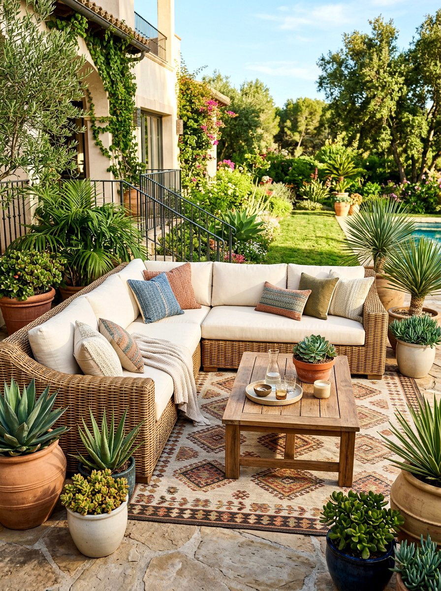 Woven Rattan Lounge - 30 Mediterranean backyard ideas
