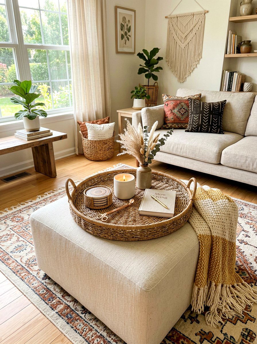 Woven Rattan Ottoman Tray - 30 decorative tray ideas