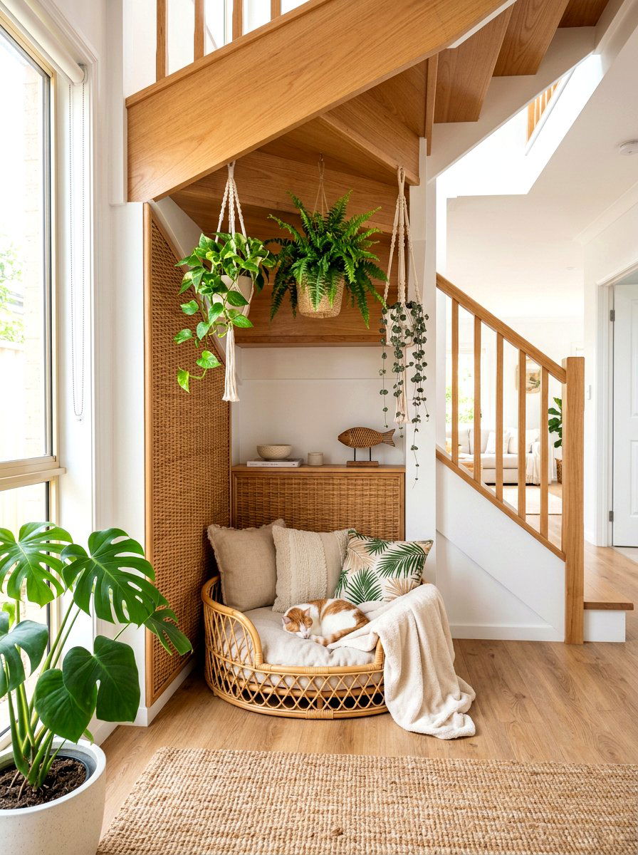 Woven Rattan Pet Nook - 30 under staircase pet nook ideas