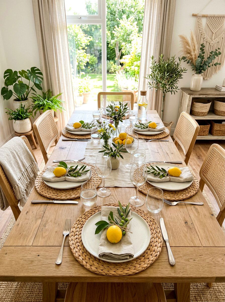 Woven Rattan Placemats - 30 lemon and olive summer tablescape ideas