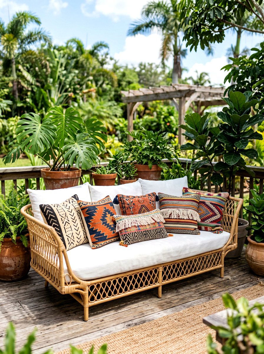 Woven Rattan Sofa - 30 bohemian backyard ideas