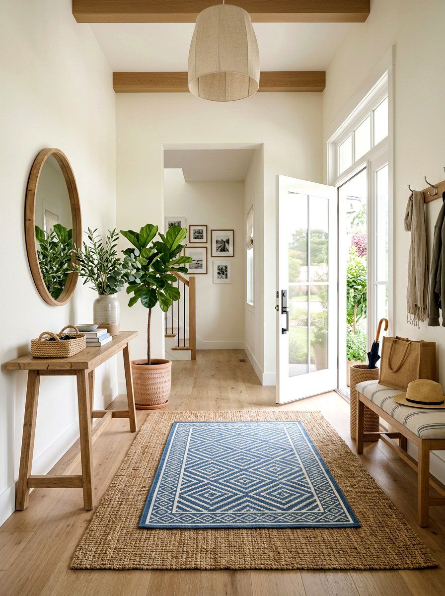 Woven Sea Grass Rug With Pattern - 30 entrance rug layering ideas