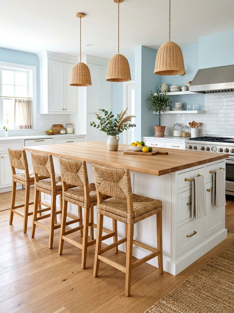 Woven Seagrass Bar Stools - 30 beach house kitchen ideas