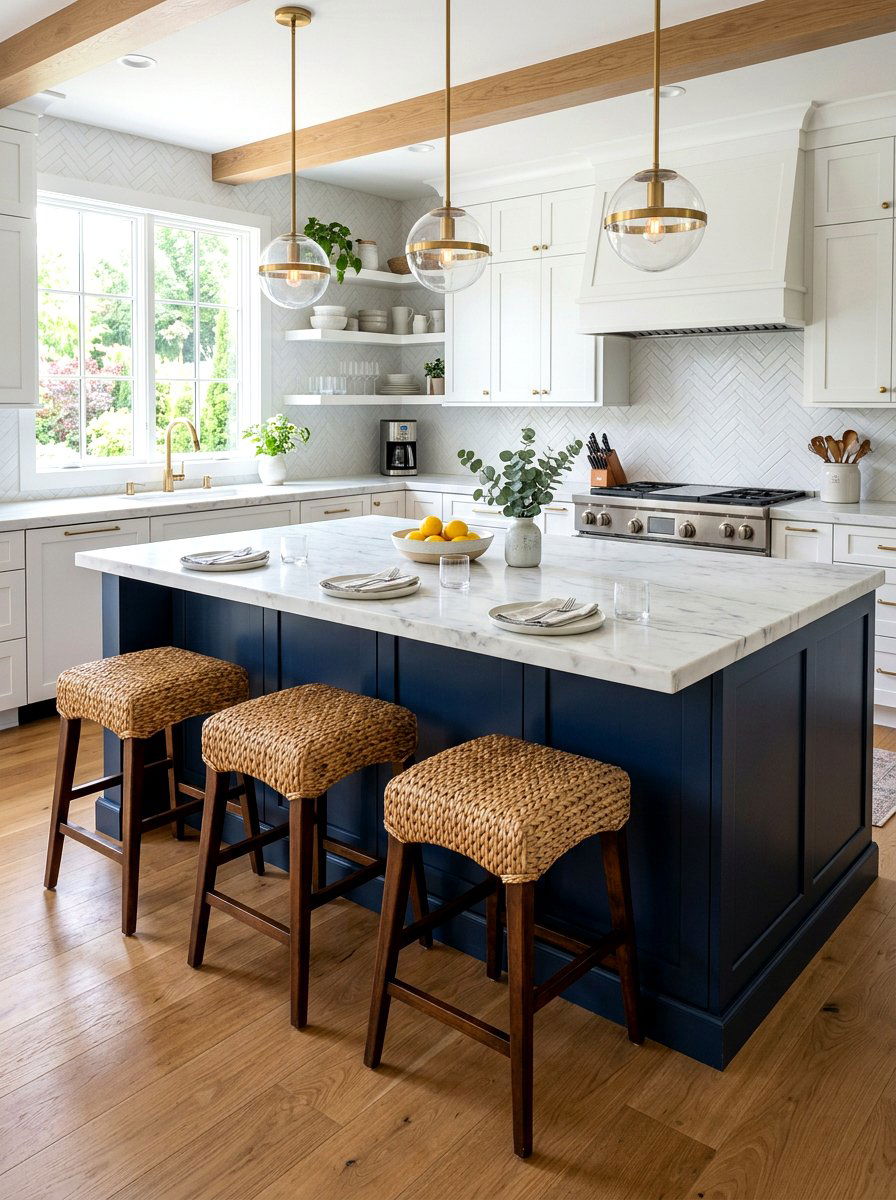 Woven Seagrass Bar Stools - 30 layered kitchen decor ideas