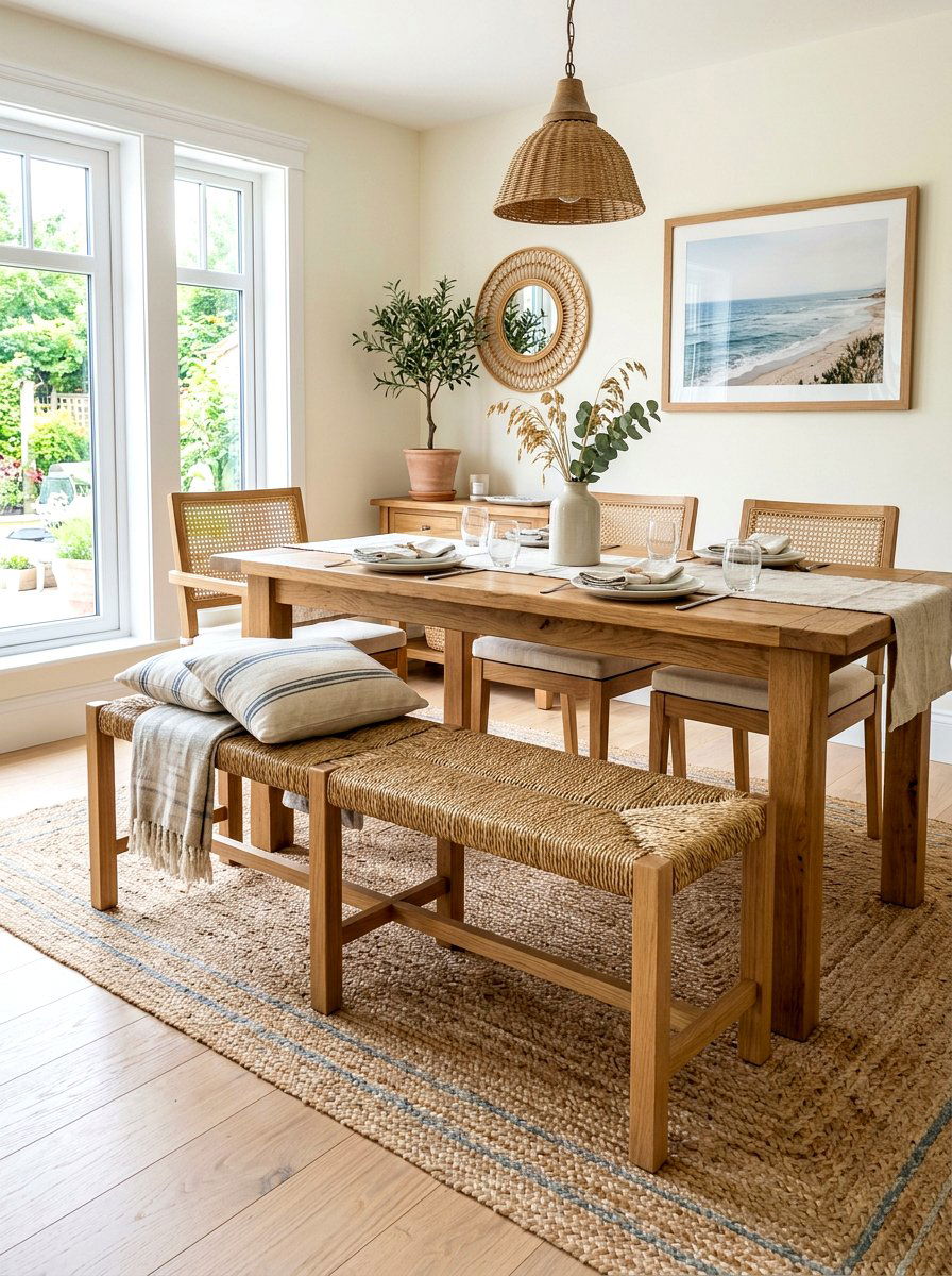 Woven Seat Dining Bench - 30 farmhouse dining bench ideas