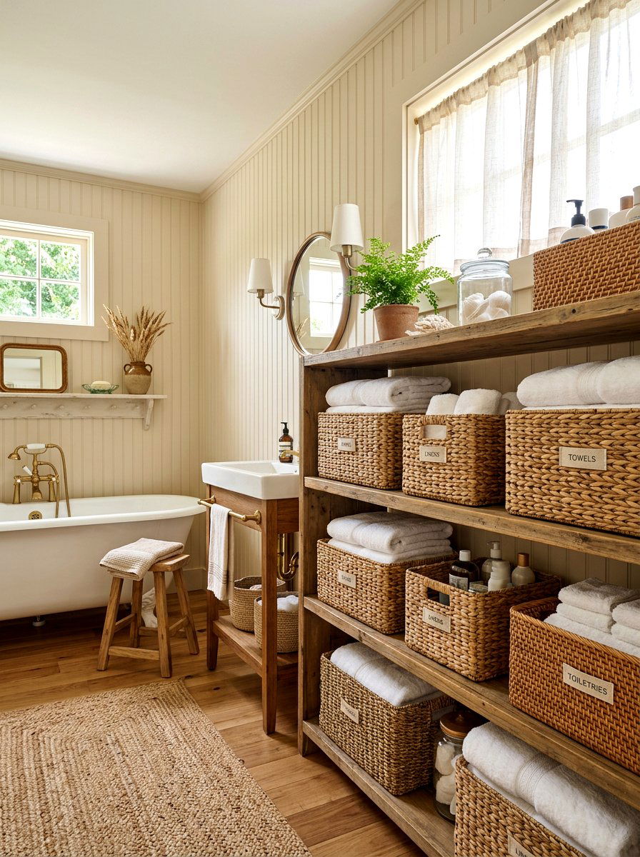 Woven Storage Baskets - 30 cottage bathroom ideas