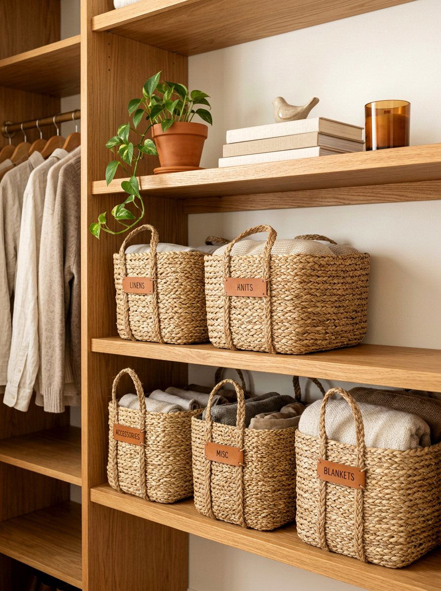 Woven Storage Baskets - 30 organizing small closets ideas