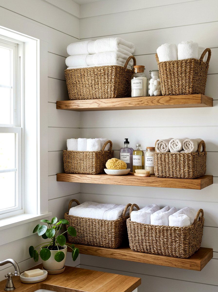 Woven Storage Baskets - 30 cottage farmhouse bathroom ideas