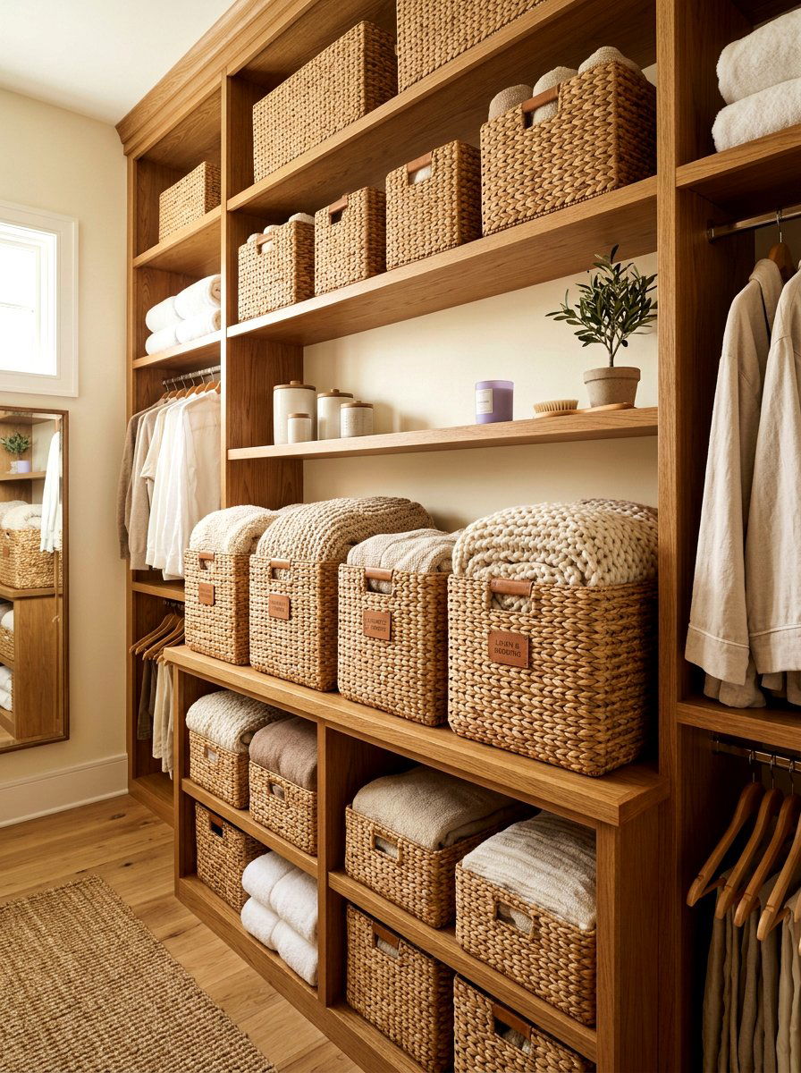 Woven Storage Bins - 30 linen closet organization ideas