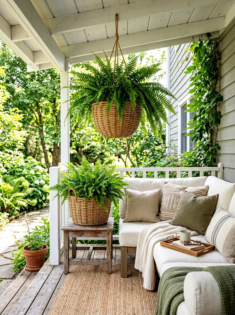 Woven Wicker Basket Ferns - 30 porch ferns ideas