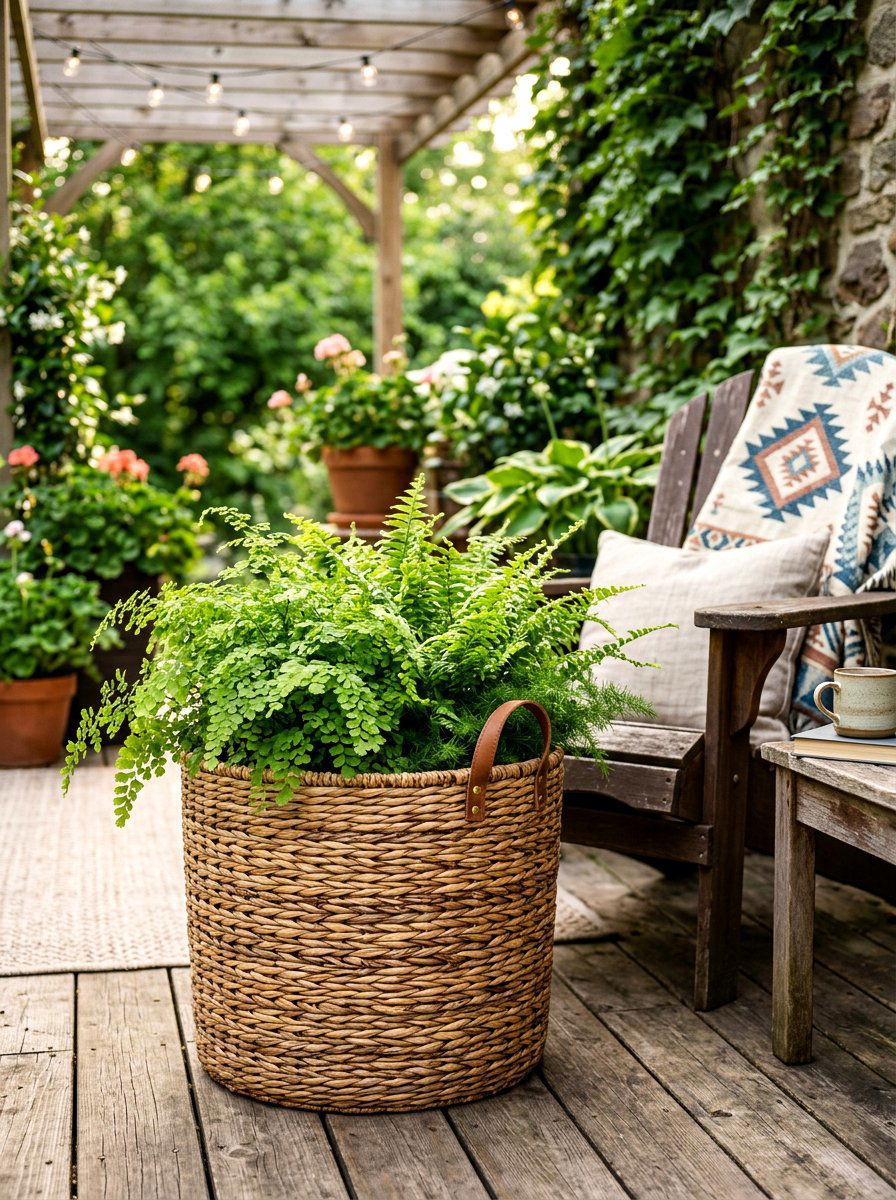 Woven Wicker Basket Planter - 30 porch column planter ideas