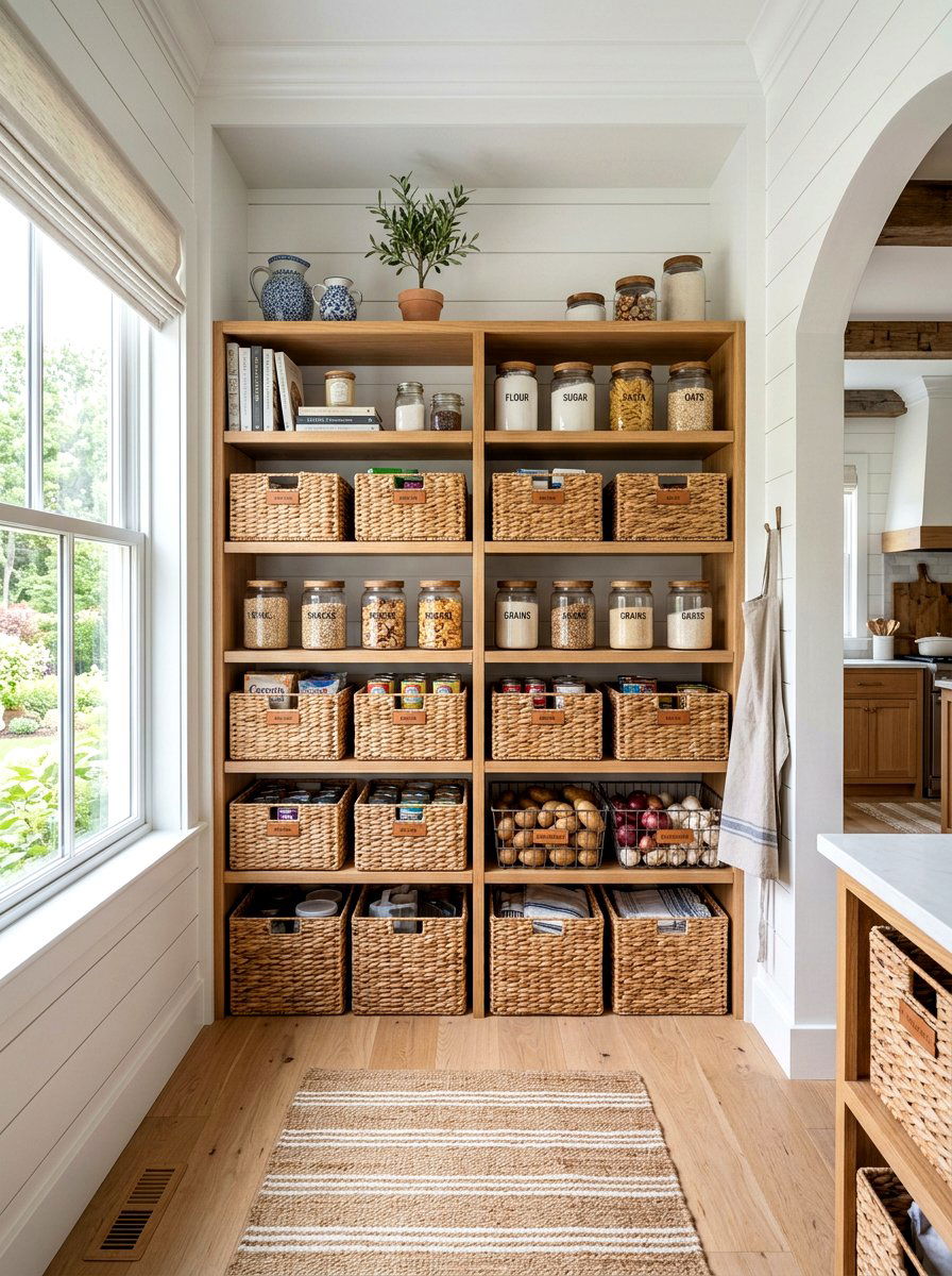 Woven Wicker Baskets For Shelves - 30 pantry organization ideas