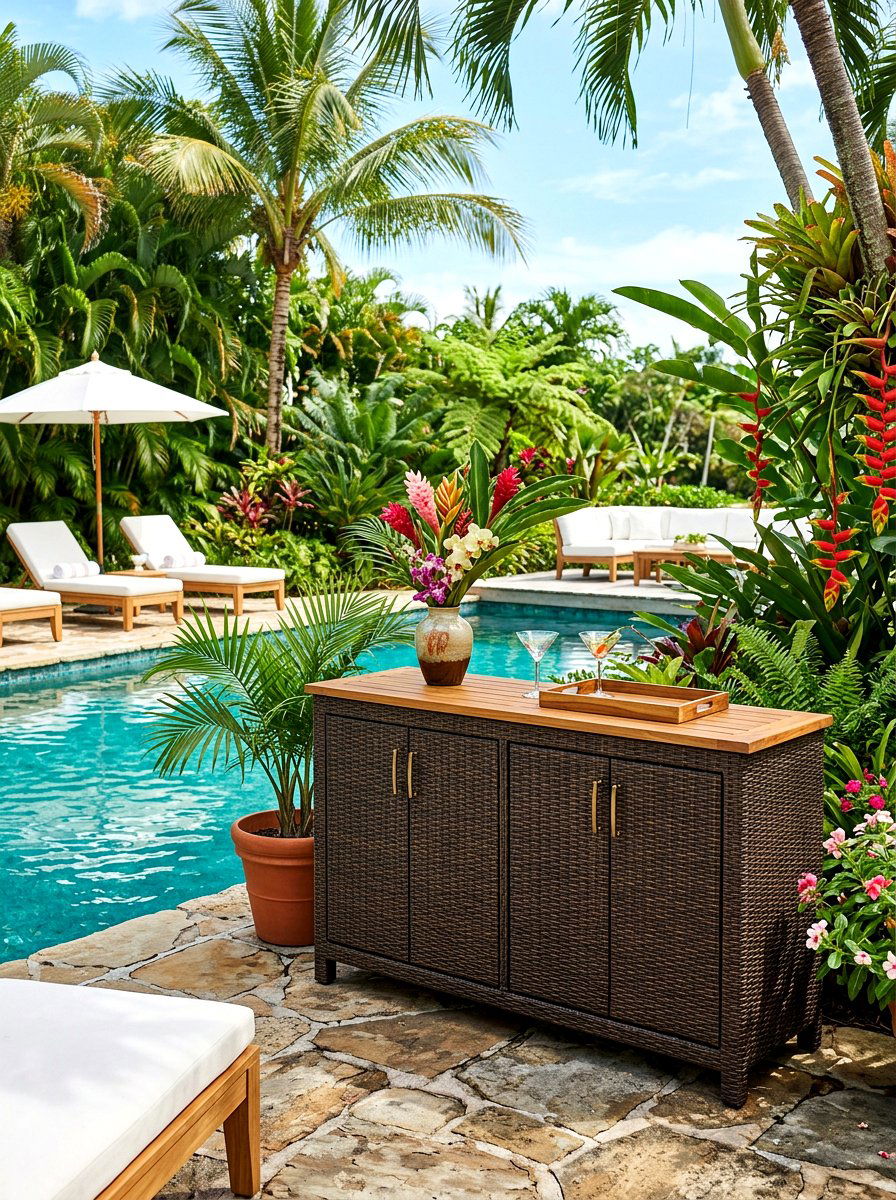 Woven Wicker Buffet - 30 outdoor buffet cabinet ideas