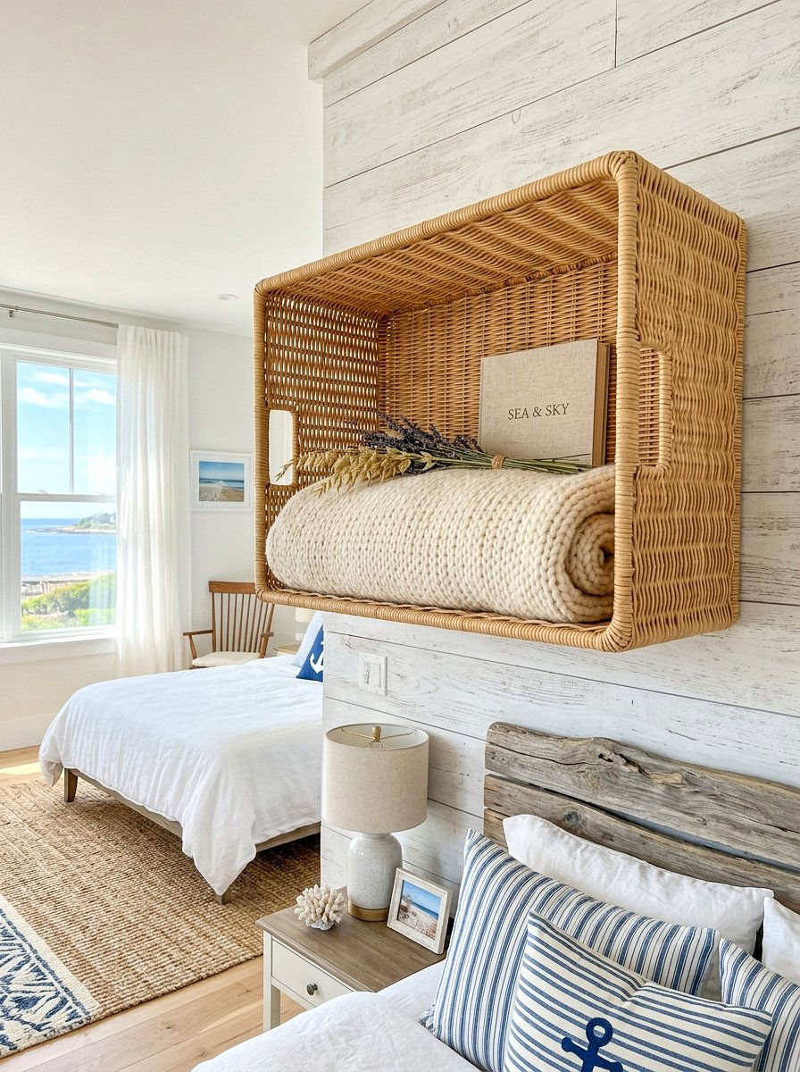 Woven Wicker Floating Basket - 30 wall mounted nightstand ideas