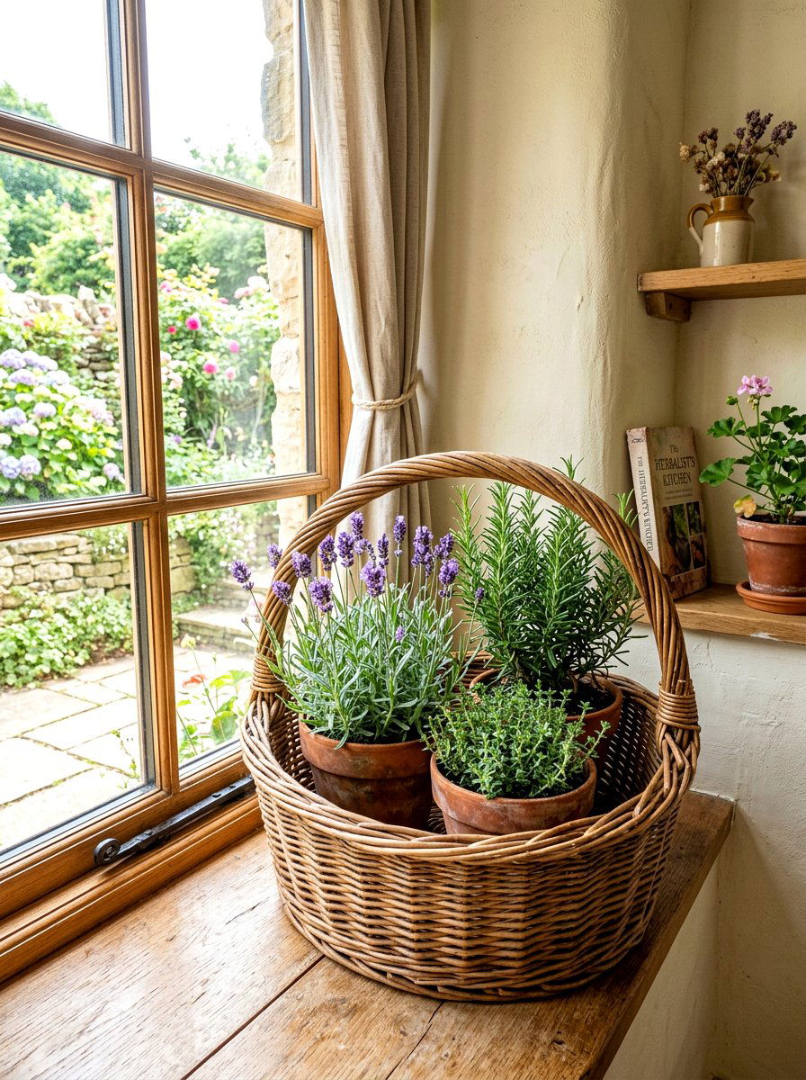 Woven Wicker Herb Basket - 30 herb garden corner ideas