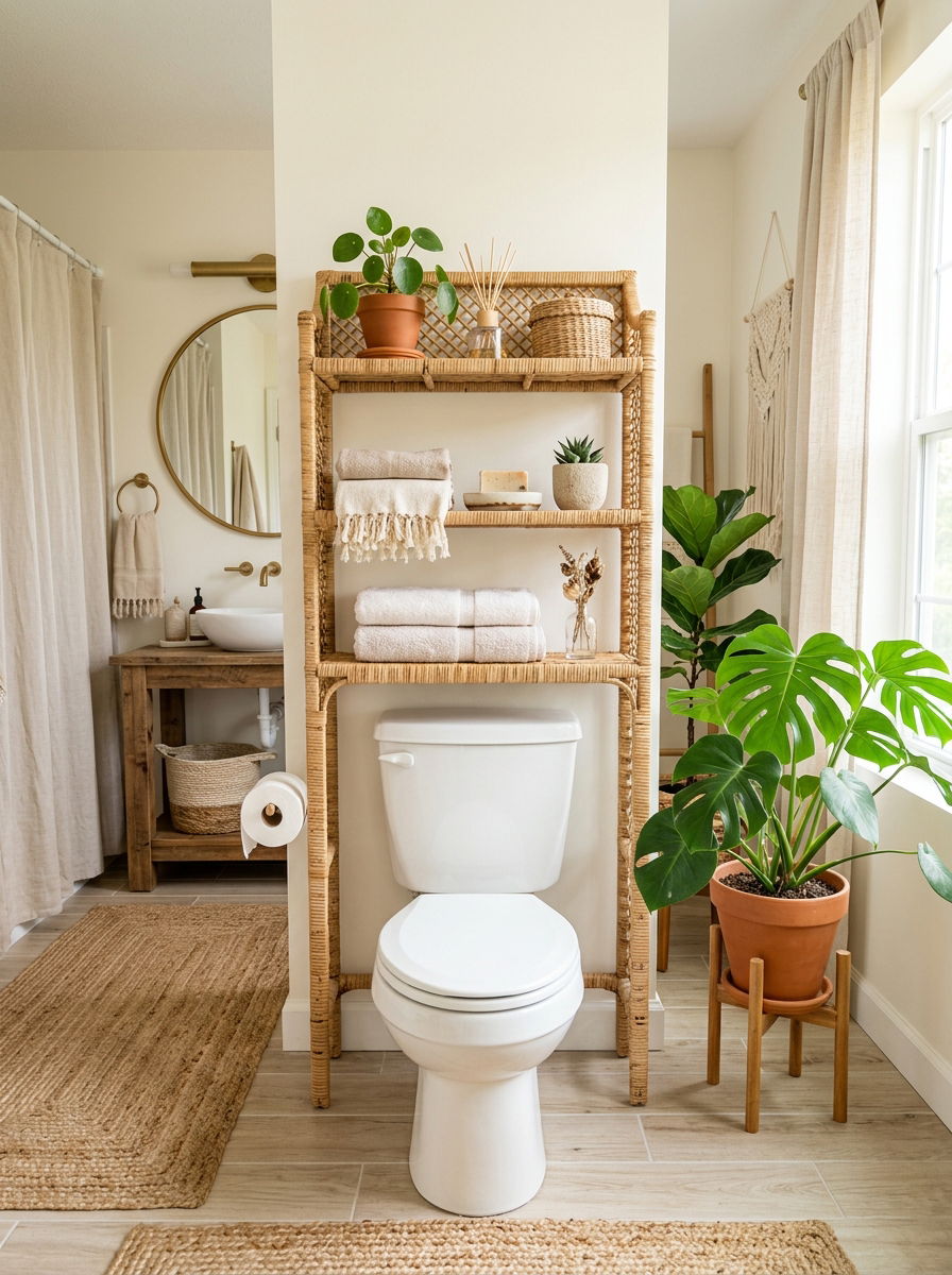 Woven Wicker Over Toilet Shelf - 30 over toilet cabinet ideas