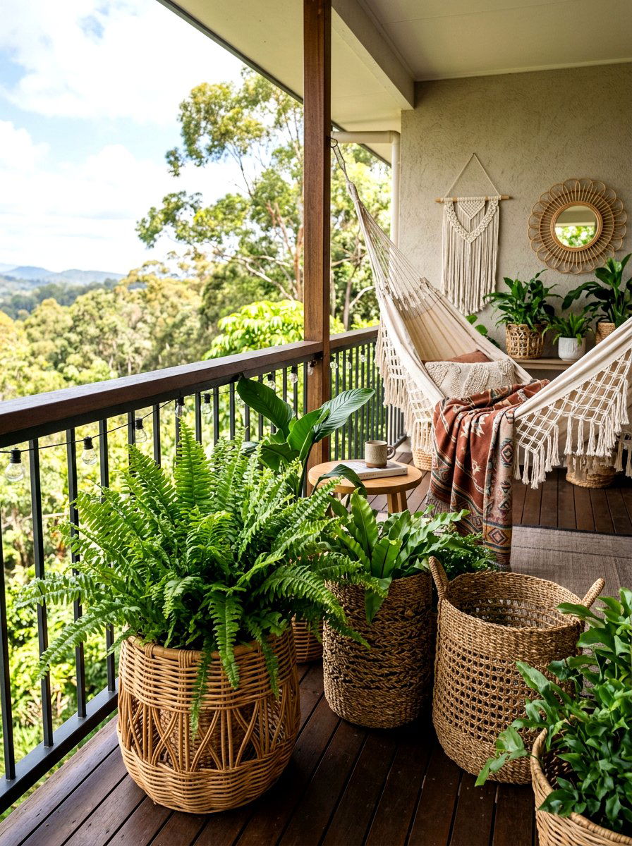 Woven Wicker Planters With Ferns - 30 balcony privacy planter ideas