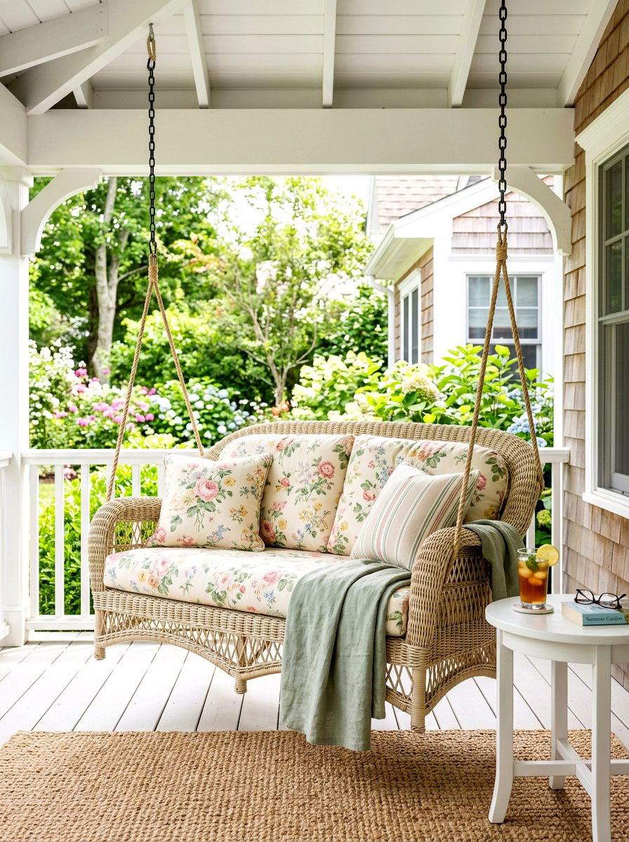 Woven Wicker Porch Swing - 30 farmhouse porch swing ideas