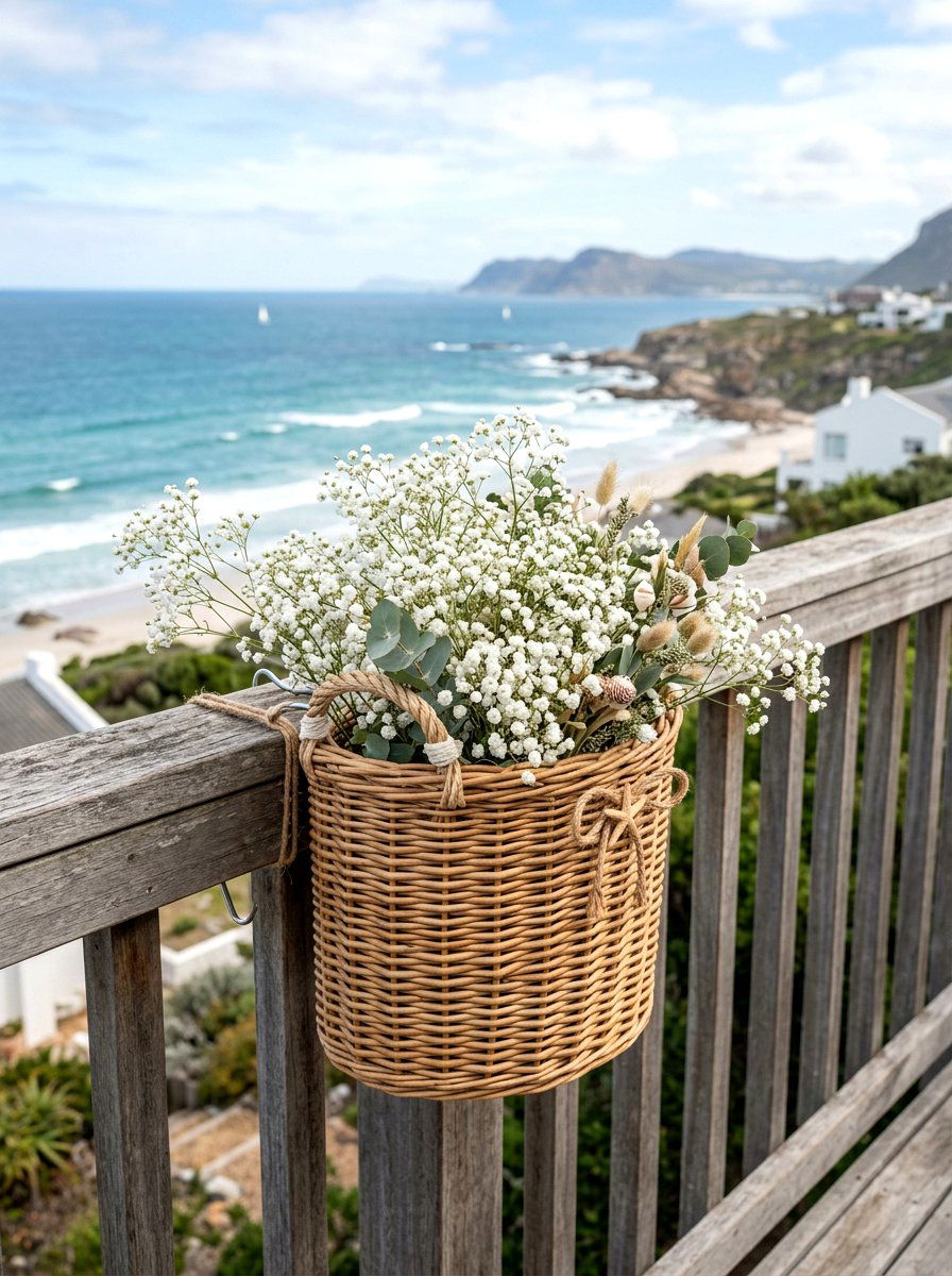 Woven Wicker Railing Basket - 30 flower box railing ideas