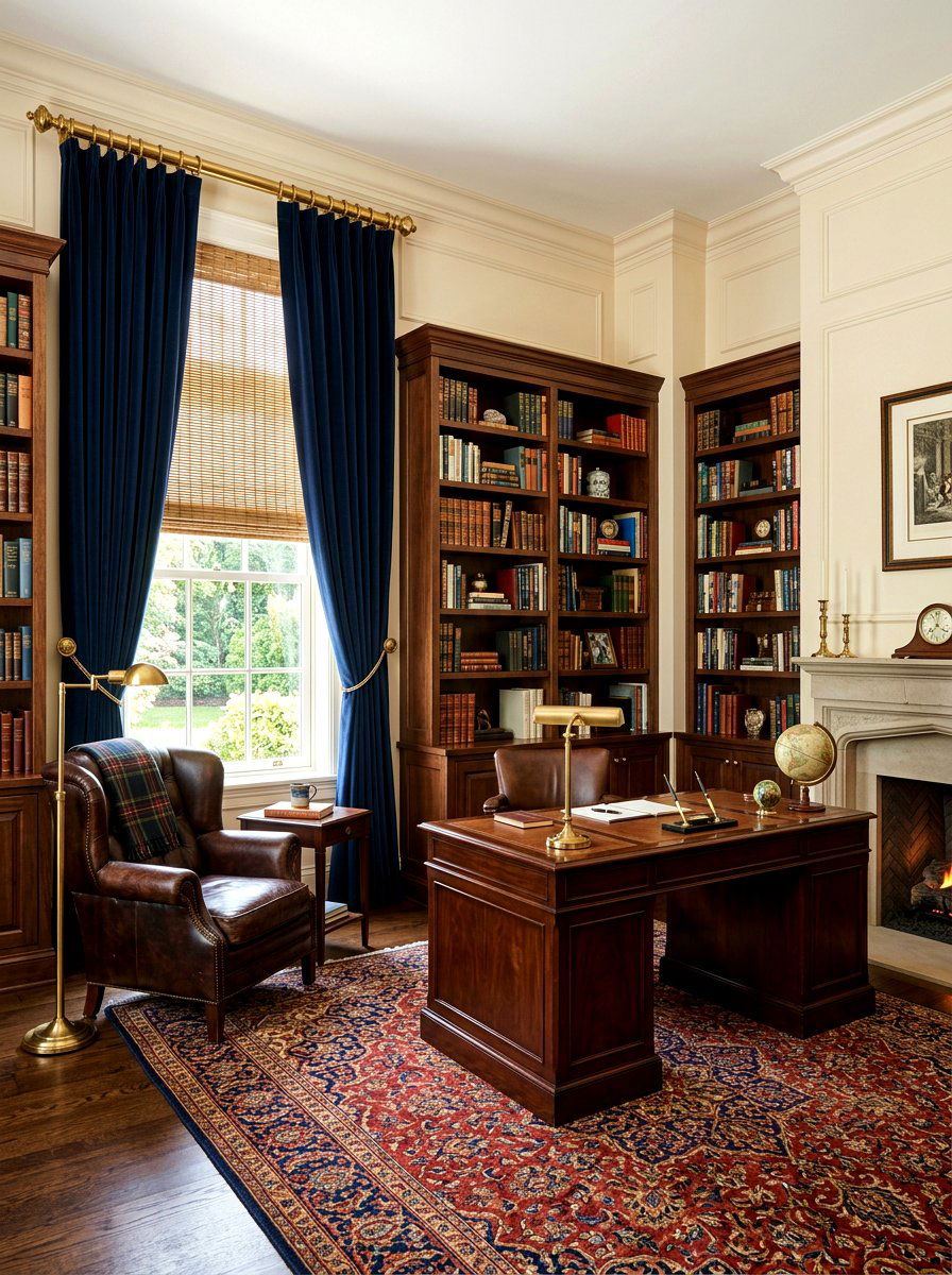 Woven Wood Blind With Navy Drapes - 30 blind and curtain combo ideas