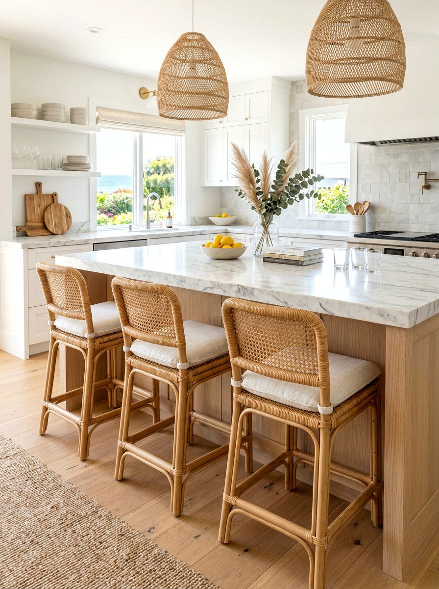 Woven bar stools - 30 TikTok kitchen decor ideas
