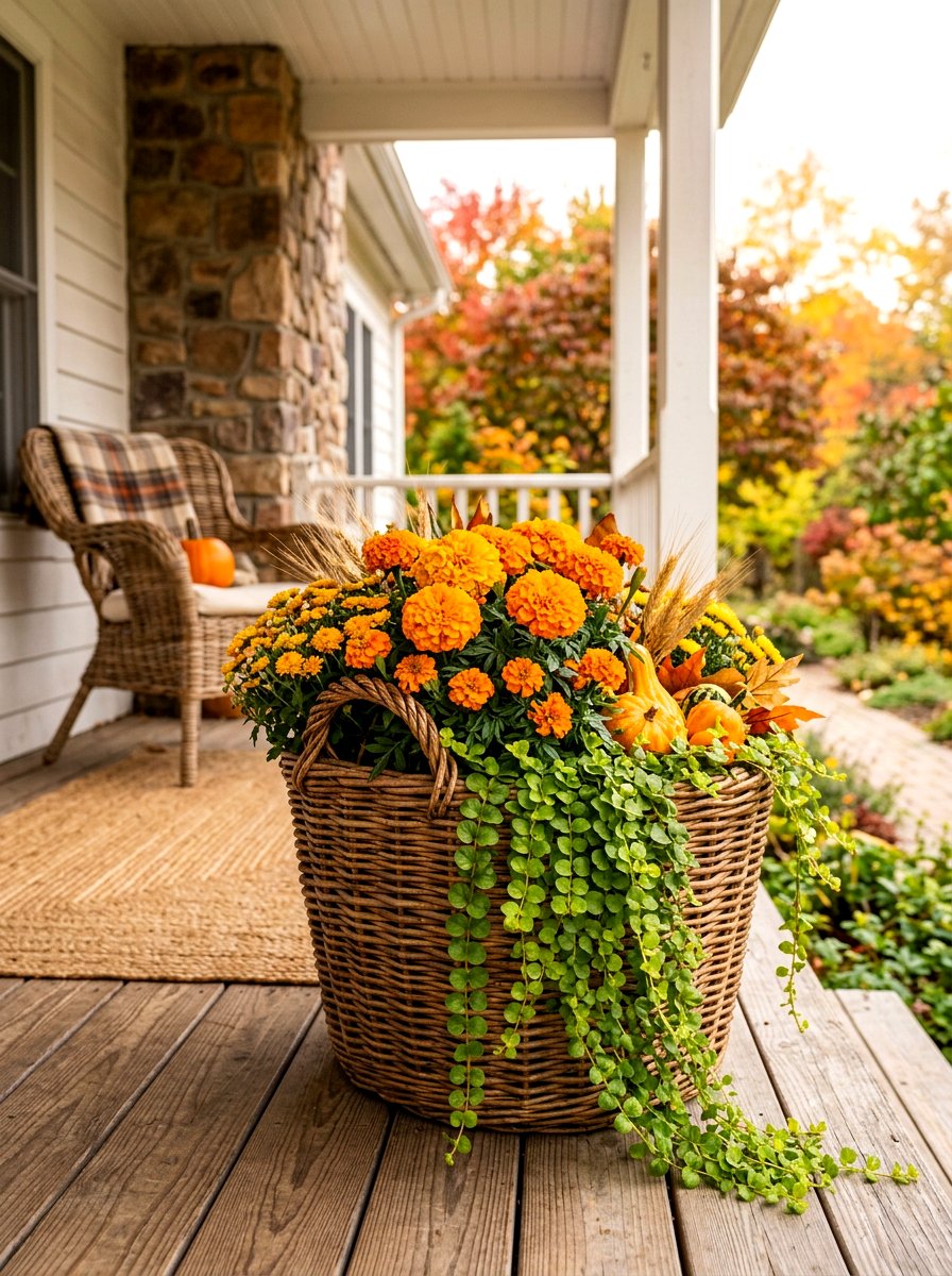 Woven basket autumn floral arrangement - 30 autumn planter ideas
