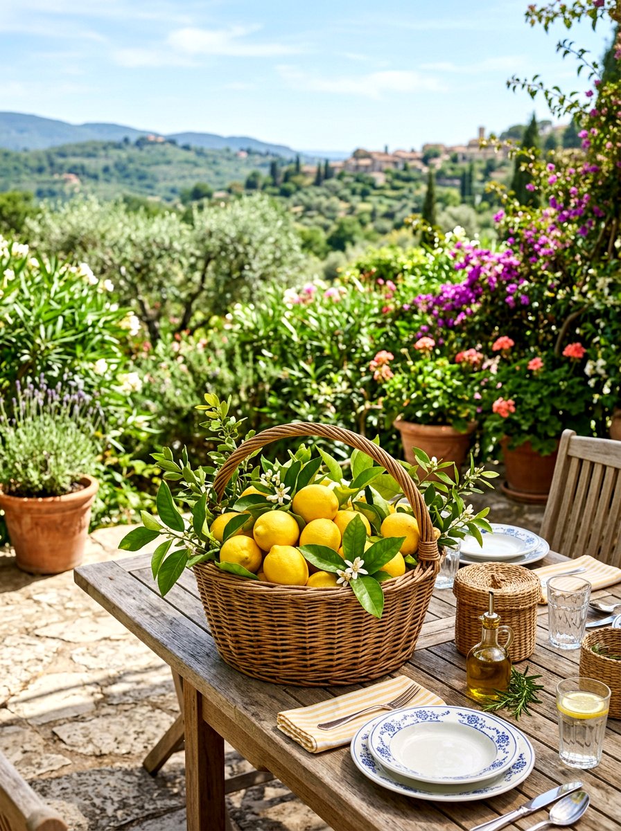 Woven basket citrus centerpieces - 30 lemonade patio party ideas