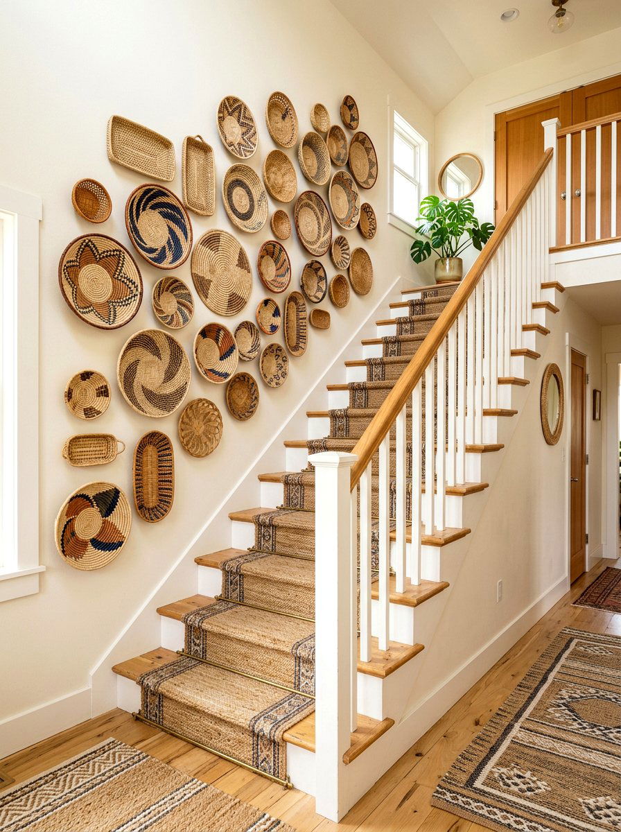 Woven basket decor - 30 staircase wall ideas