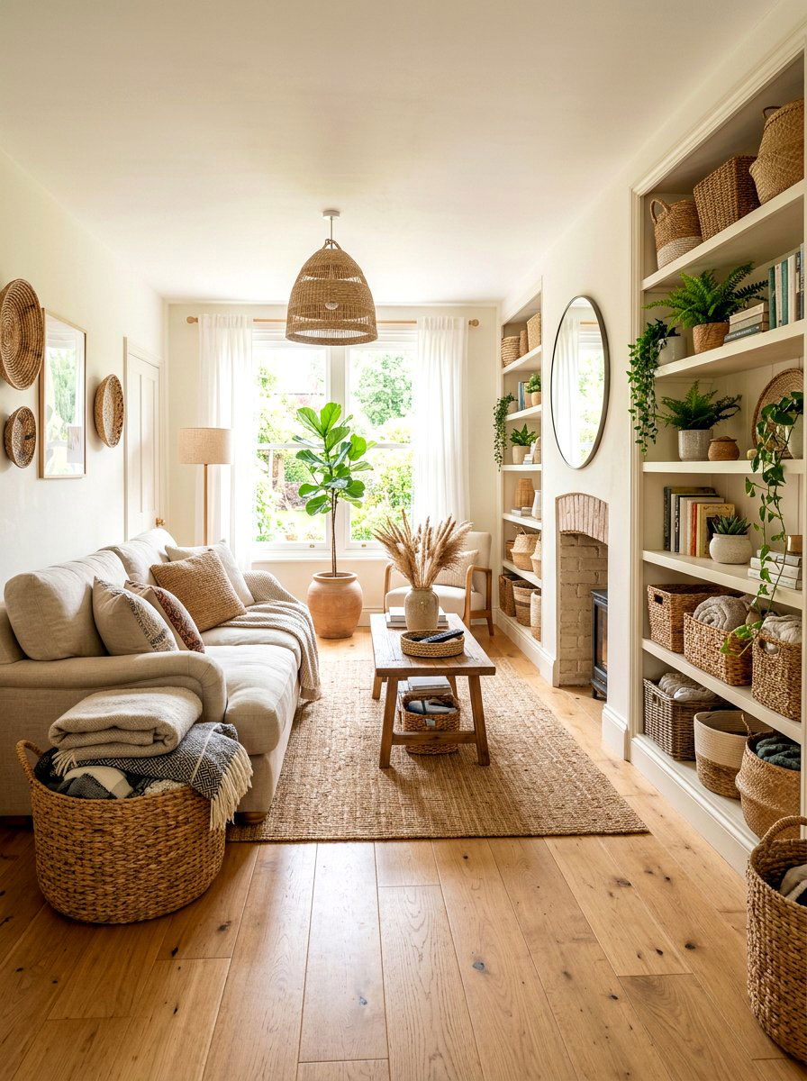 Woven basket decor living room - 30 Tuscan revival living room ideas