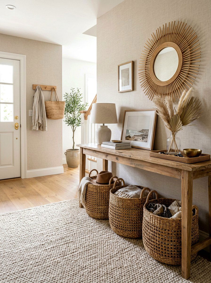 Woven basket entryway organization - 30 entryway makeover ideas
