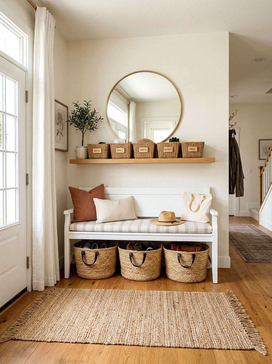 Woven basket entryway storage - 30 entryway decor ideas