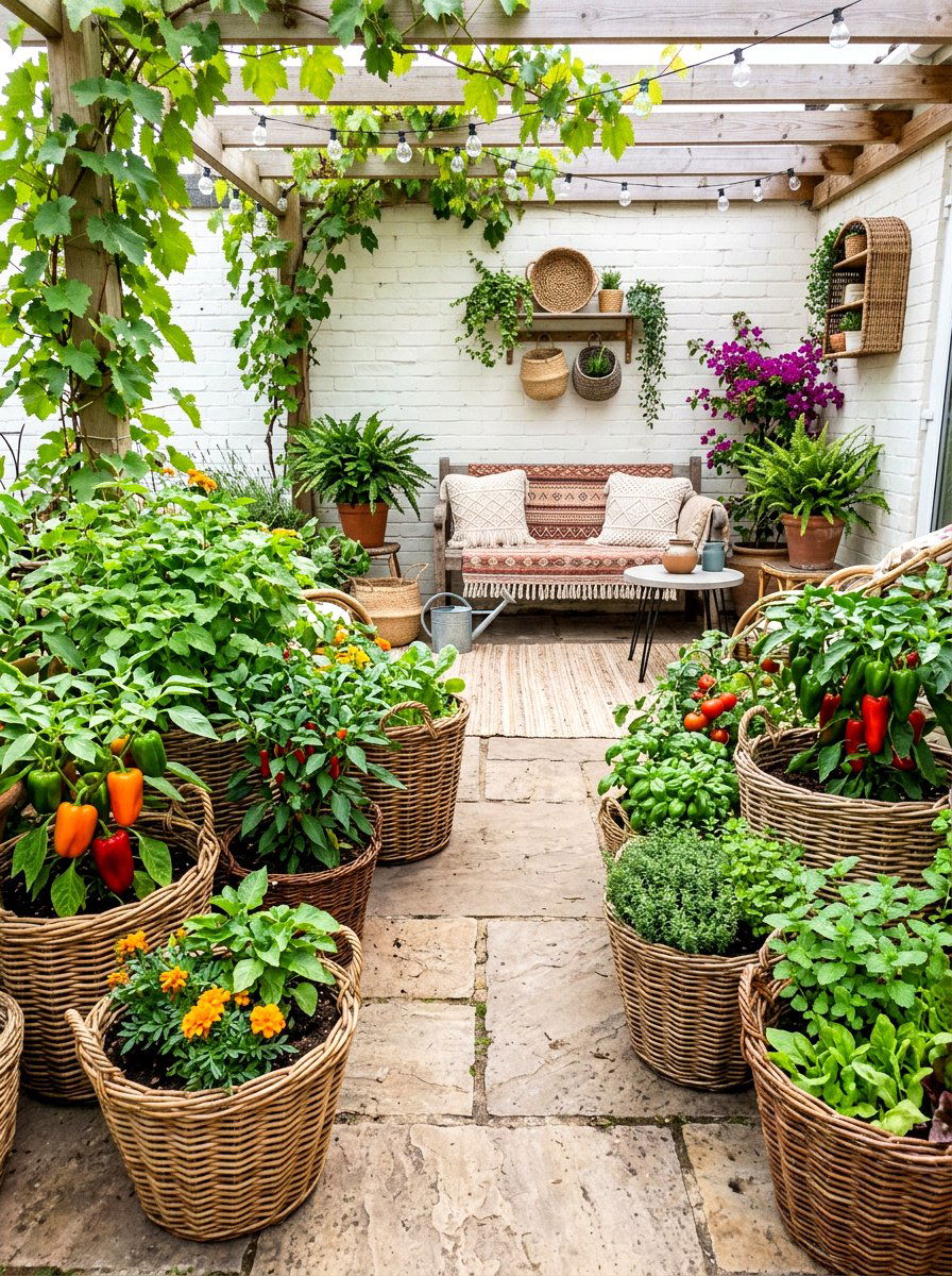 Woven basket garden - 30 patio vegetable garden ideas