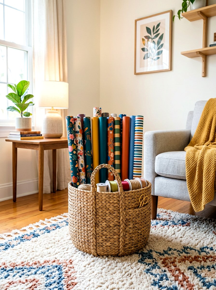 Woven basket gift wrap holder - 30 wrapping paper storage ideas