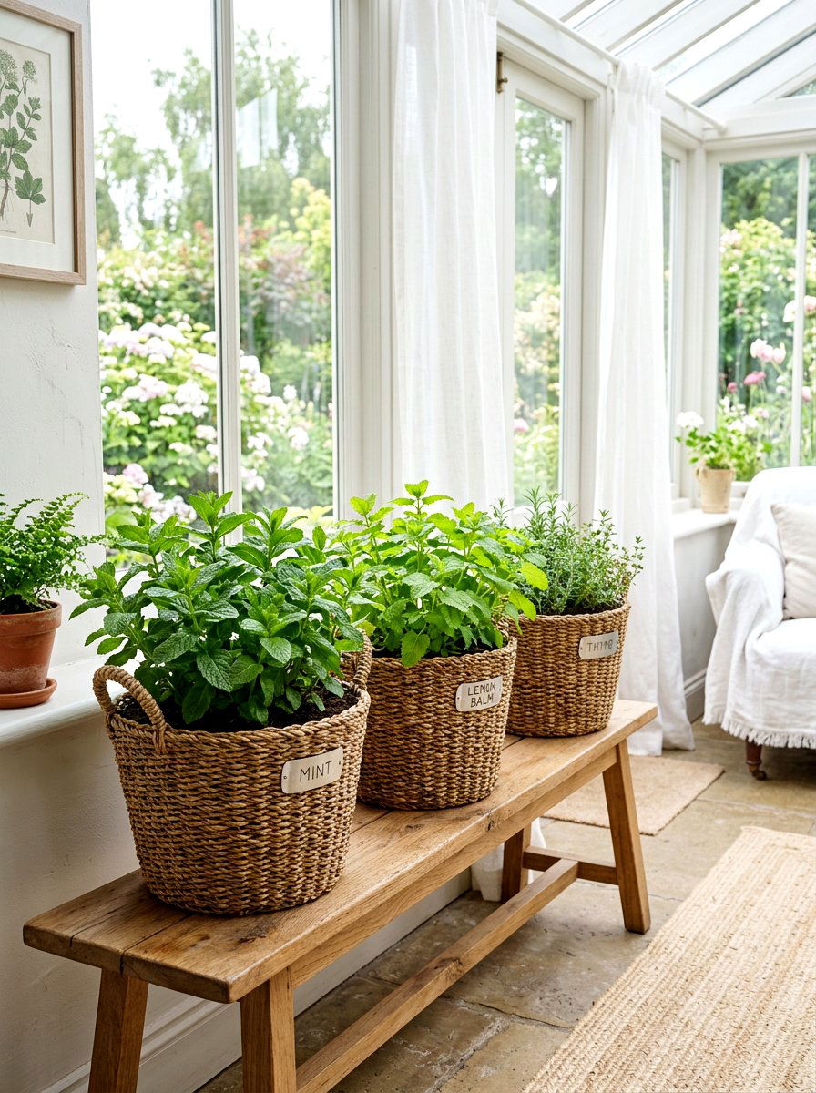 Woven basket herb planters - 30 herb garden planter ideas
