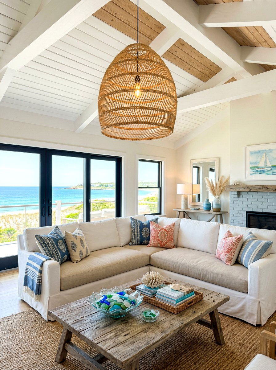 Woven basket lamp - 30 cozy lamp lit living room ideas