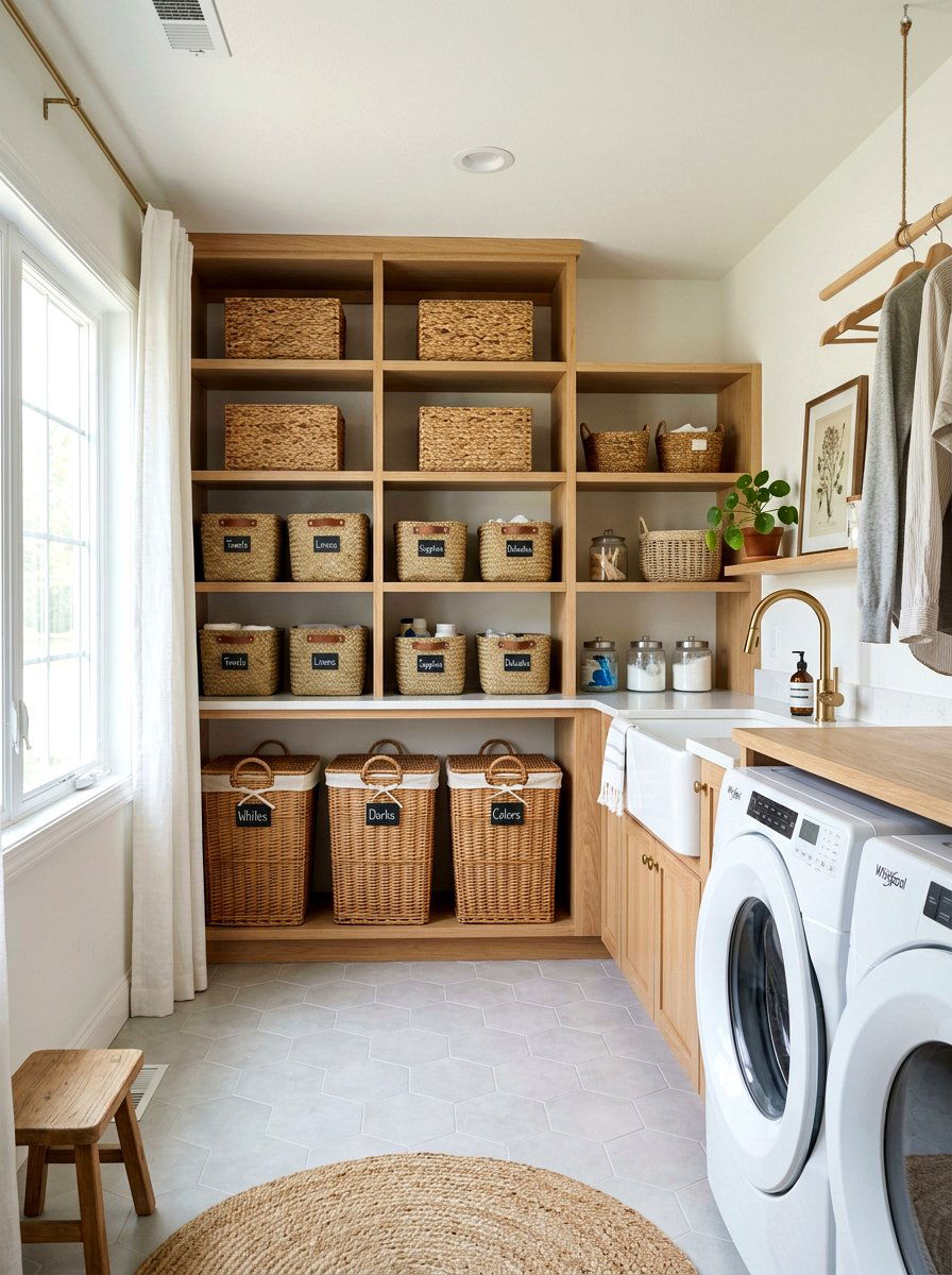 Woven basket laundry room - 30 vintage laundry room ideas